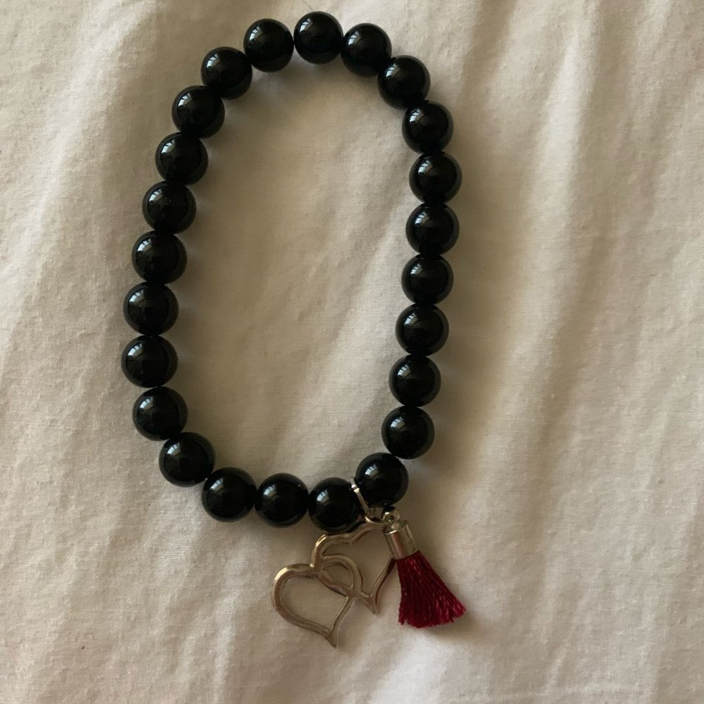 Black Beaded Bracelets with Silver Double Heart and Dark Red Mini Tassel